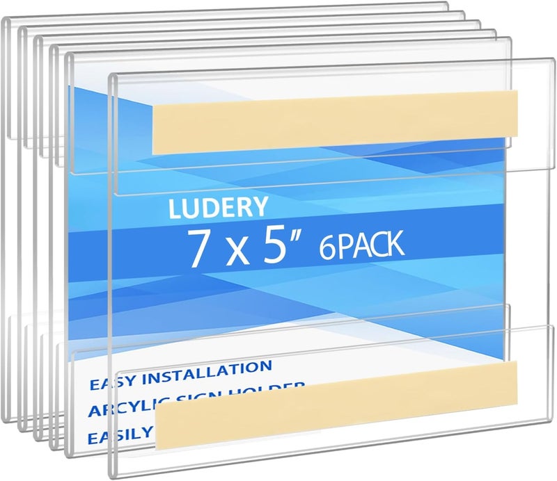 Ludery Acrylic Sign Holder - 5x7 Horizontal Wall Mount Sign Frame with Tape Adhesive for Office, Home, Store, Restaurant - No Drilling (6 Pack) - Image 1